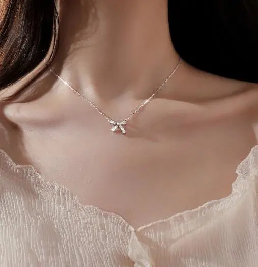 Rhinestone Bowknot Pendant Necklaces Sweet Clavicle Chain Necklace