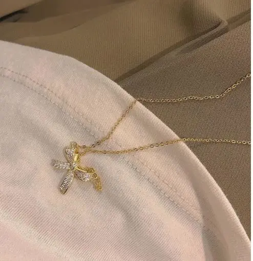 Rhinestone Bowknot Pendant Necklaces Sweet Clavicle Chain Necklace