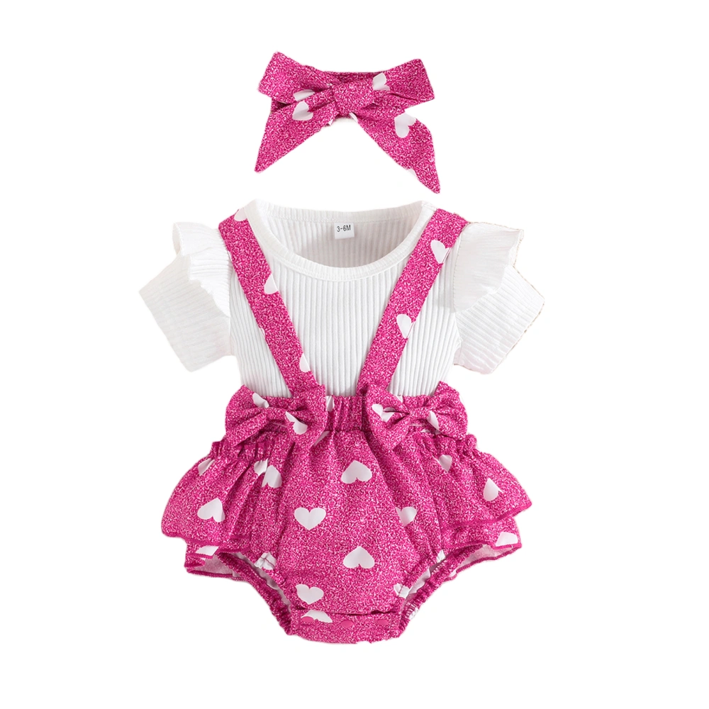 Baby Girls 3 Piece Outfits T-Shirt and Heart Print Overalls Headband 