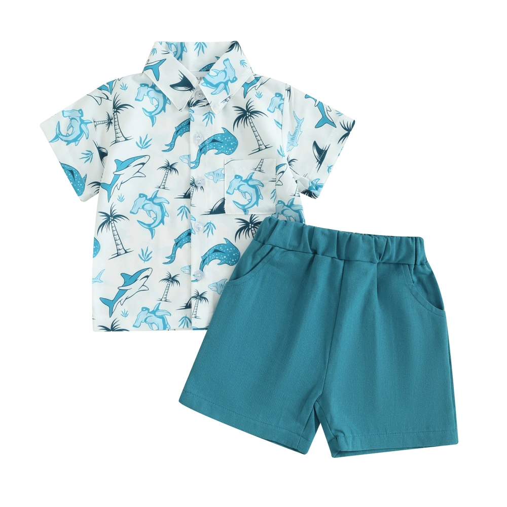 Boy Shorts Sets Short Sleeve Whale Print Tops Solid Color Shorts Set