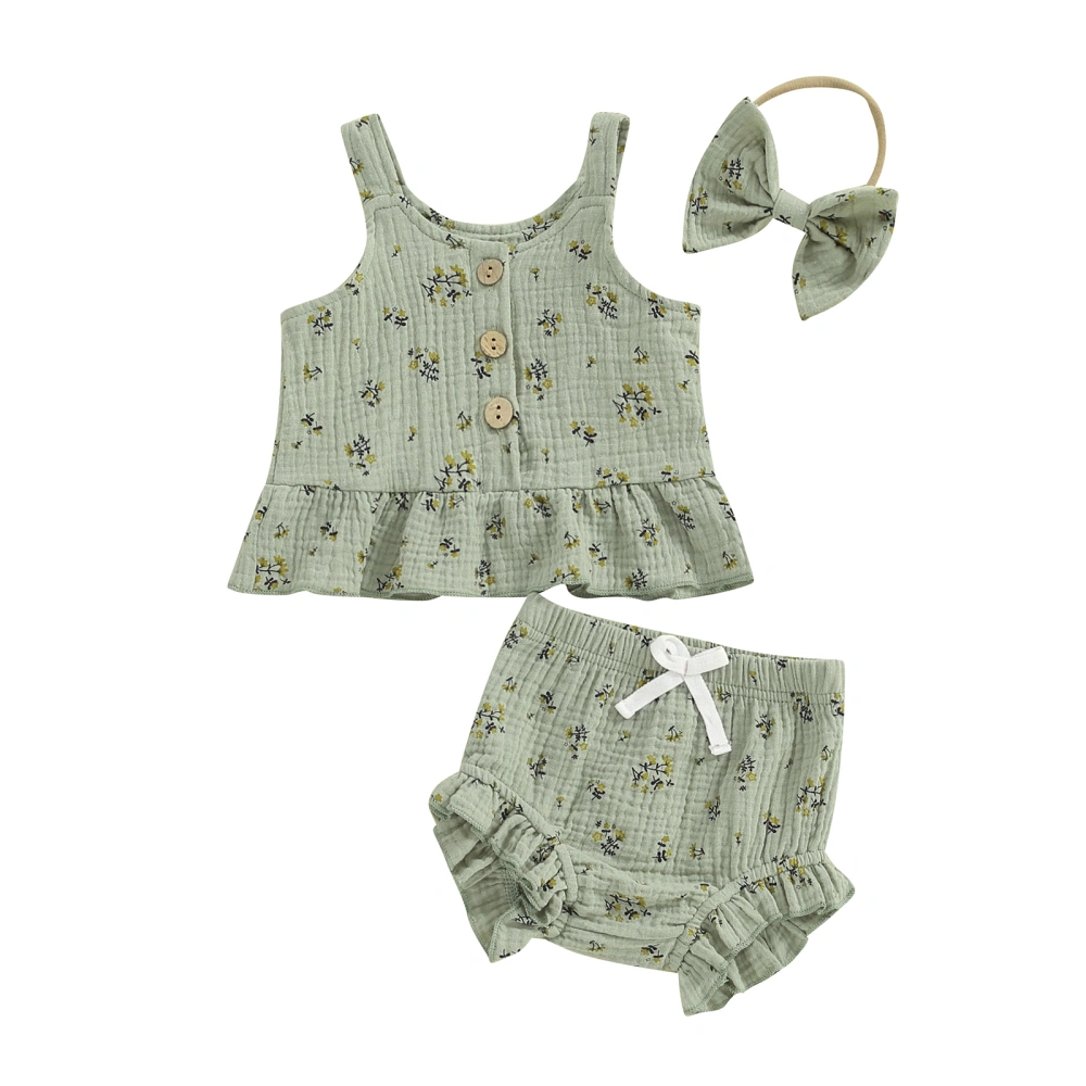 Baby Girl Summer Set, Floral Print Tank Tops + Shorts + Headband 