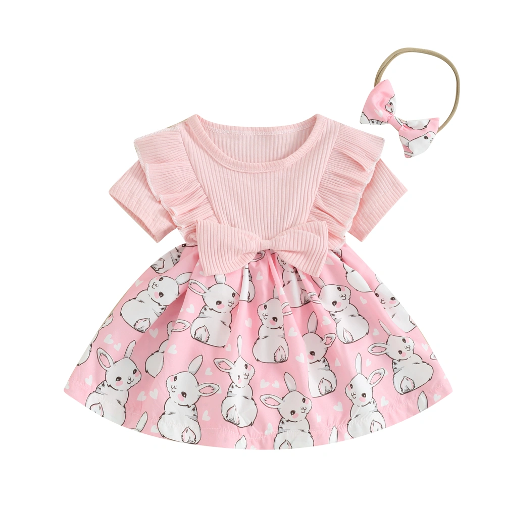 Baby Girl Set, Short Sleeve Rabbit Romper Dress + 3D Bow Headband