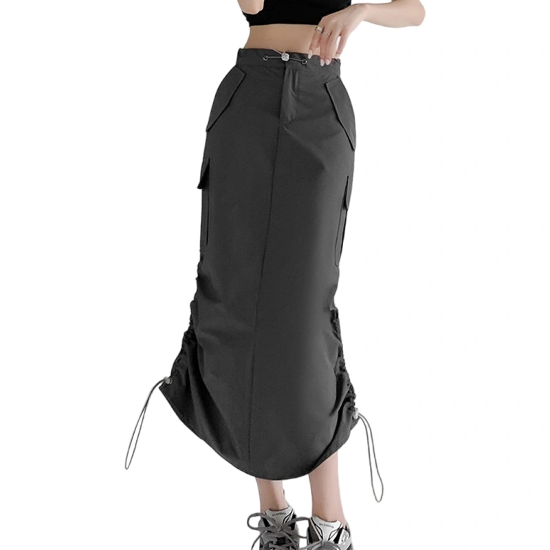 Women Long Skirt Solid Color Drawstring Cargo Skirt with Side Pockets