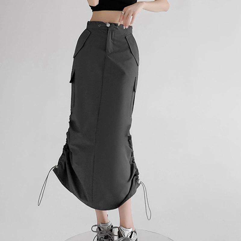 Women Long Skirt Solid Color Drawstring Cargo Skirt with Side Pockets
