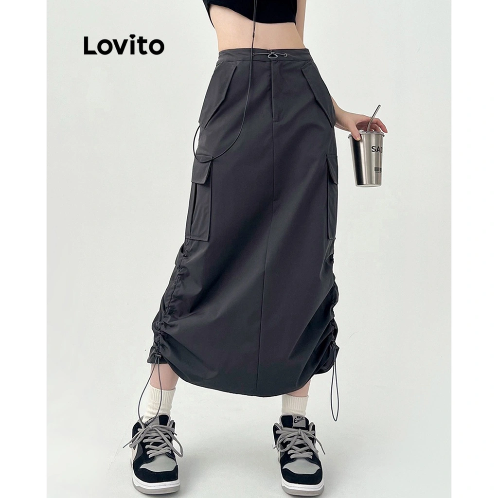 Women Long Skirt Solid Color Drawstring Cargo Skirt with Side Pockets
