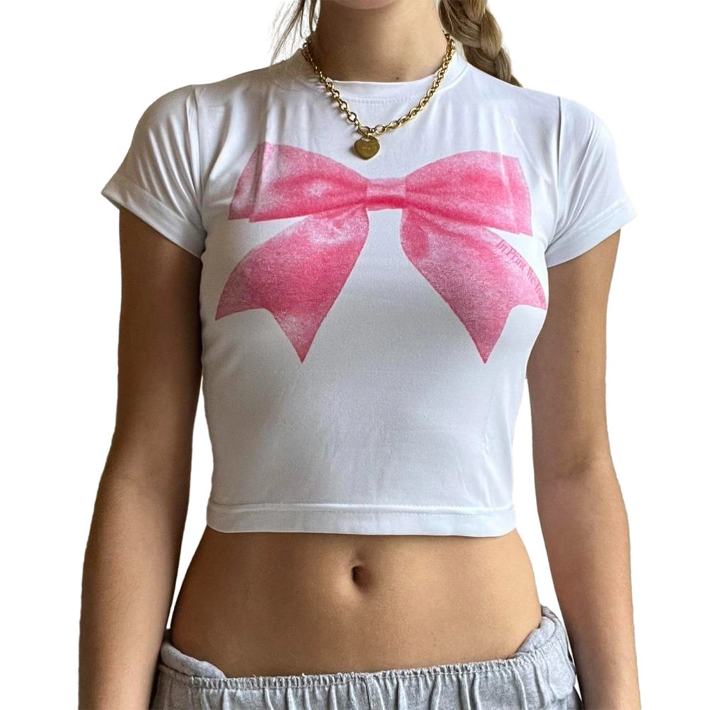 Women's Cute Tight Fitted Round Neck Short Sleeve Bow Print Crop Tops