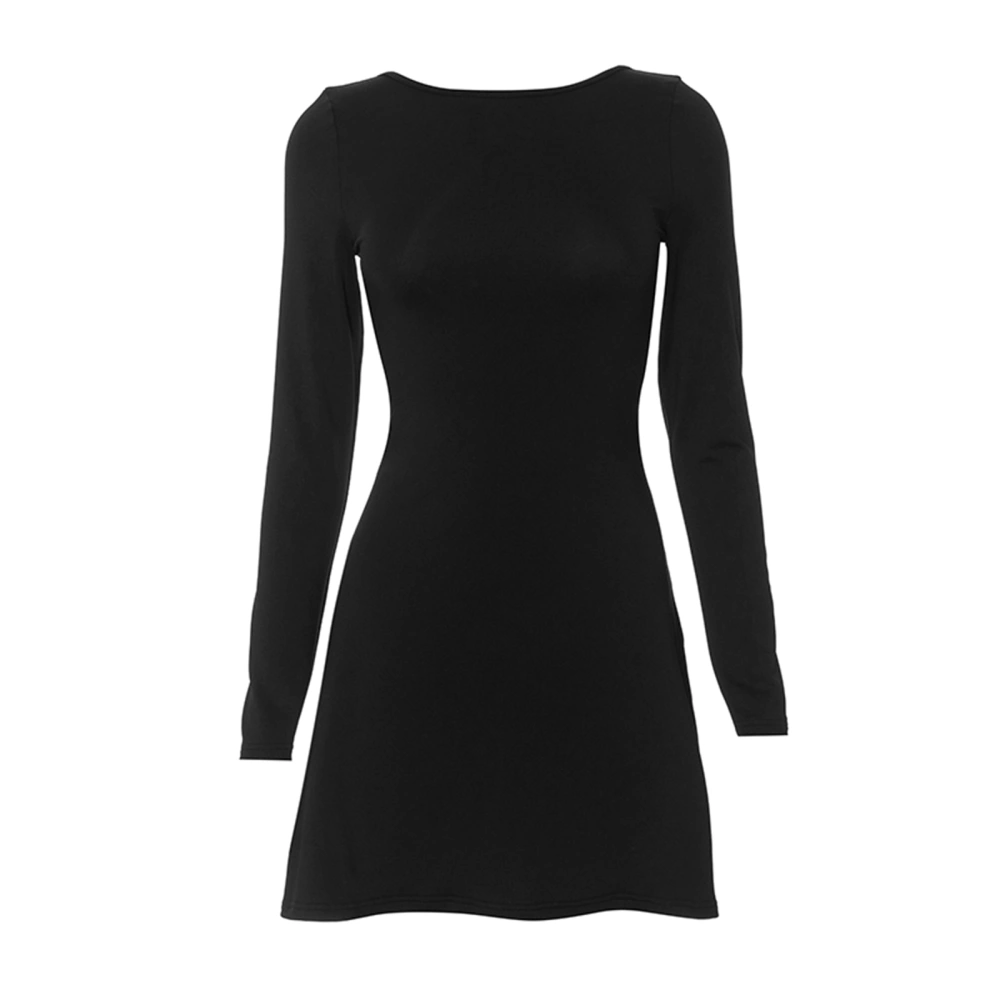 Women Mini Dress Black Long Sleeve Open Back Bow Tie Up Dress