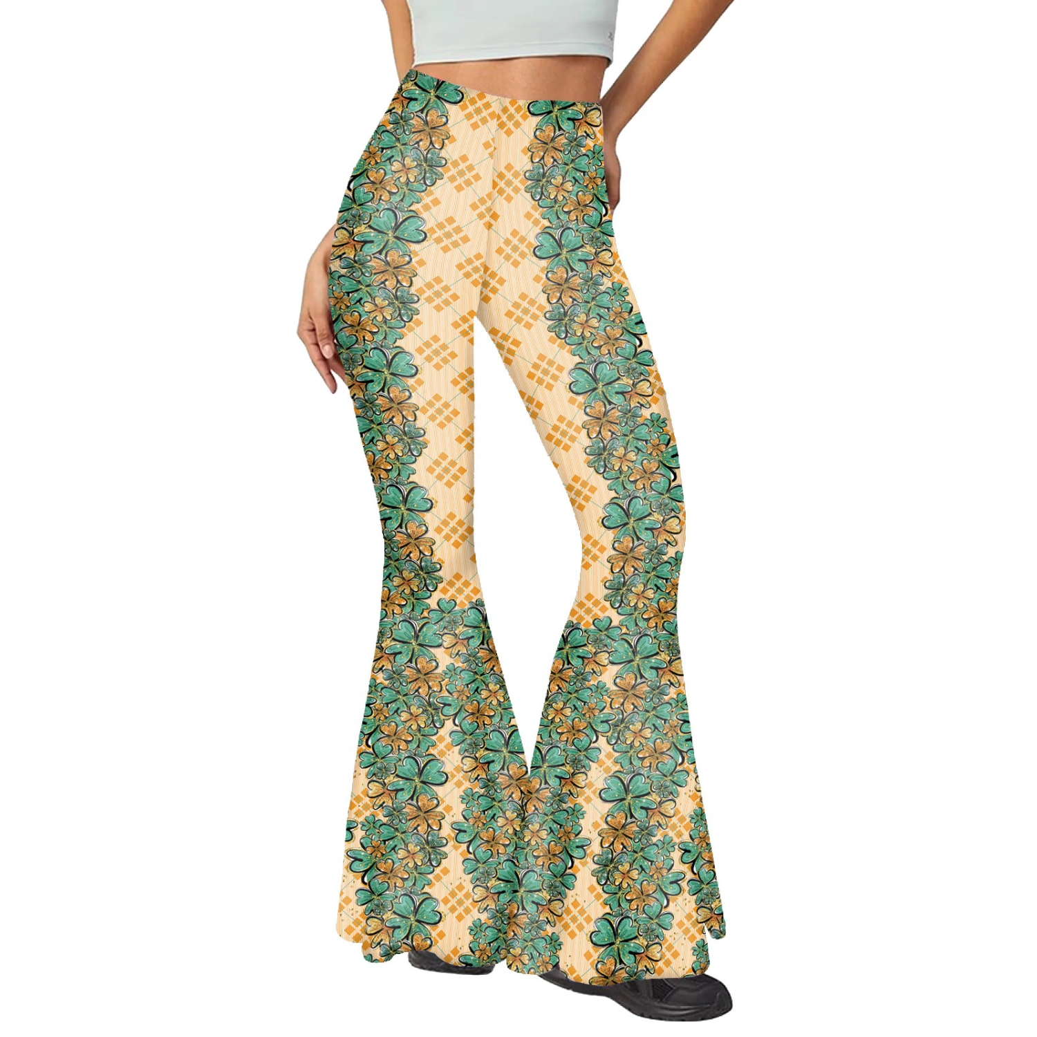 Women Flare Pants, High Waist Shamrock Print Slim Fit Long Trousers