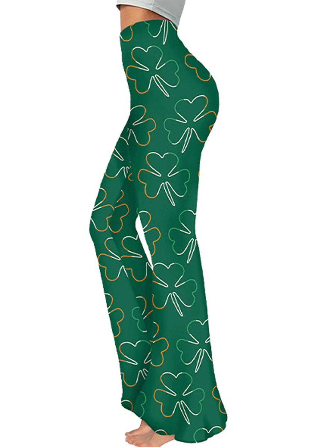 Women Flare Pants, High Waist Shamrock Print Slim Fit Long Trousers
