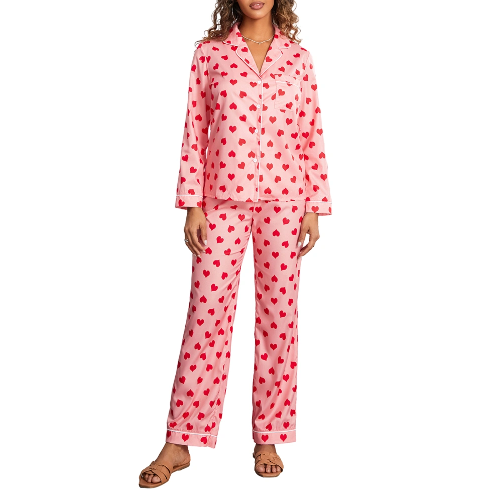 Women Pajama Set, Heart Print Long Sleeve Button Closure Tops Pants