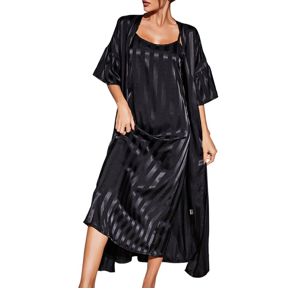 Women Pajama Set, Striped 3/4 Sleeve Open Front Robe with Slip Dress