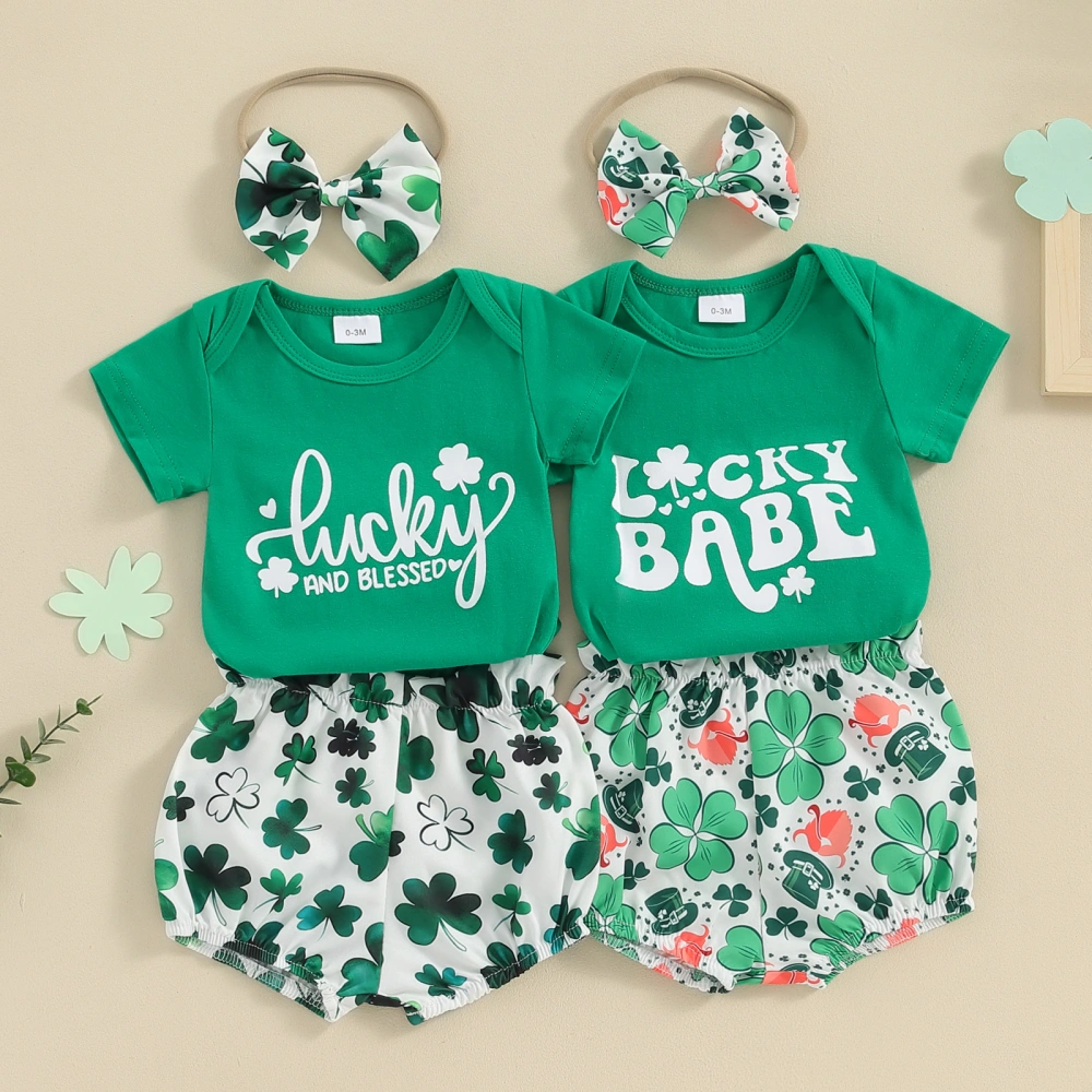 Baby Irish Set Short Sleeve Romper Clover Print PP Shorts Headband Set