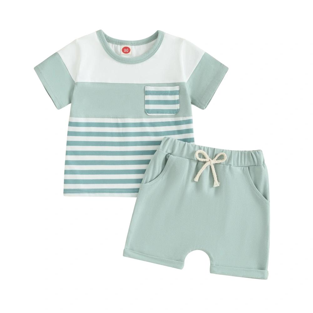 2Pcs Baby Boy Summer Outfits Striped Print Tops + Pocket Shorts 