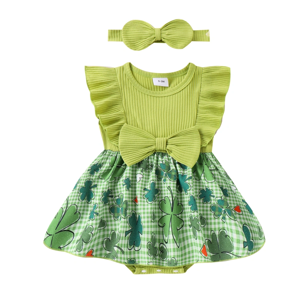 Girl Irish Day Outfits Clover Print Ribbed Romper Dress and Headband