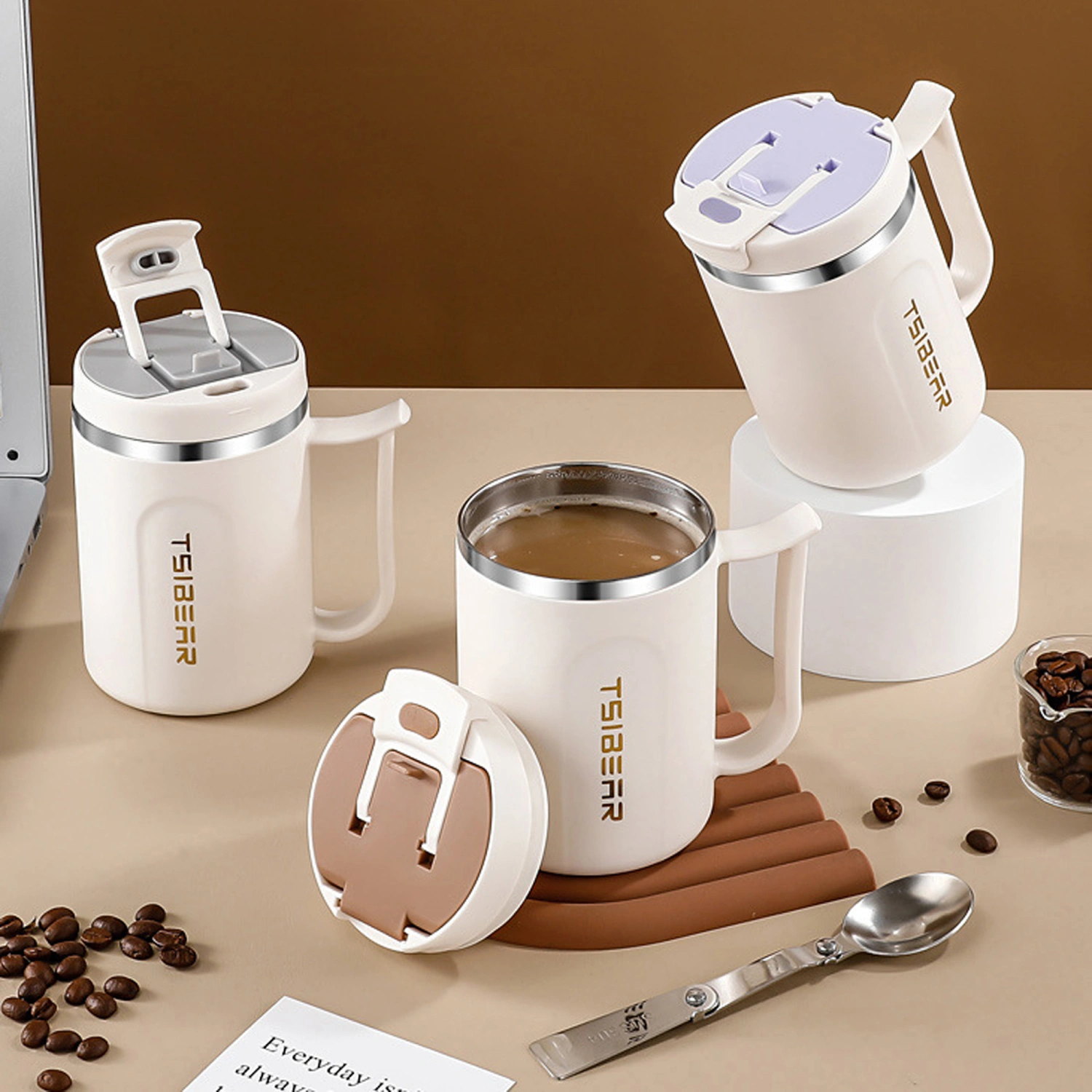 Coffee Mug with Lid Insulated Stainless Steel Travel Mug with Spoon