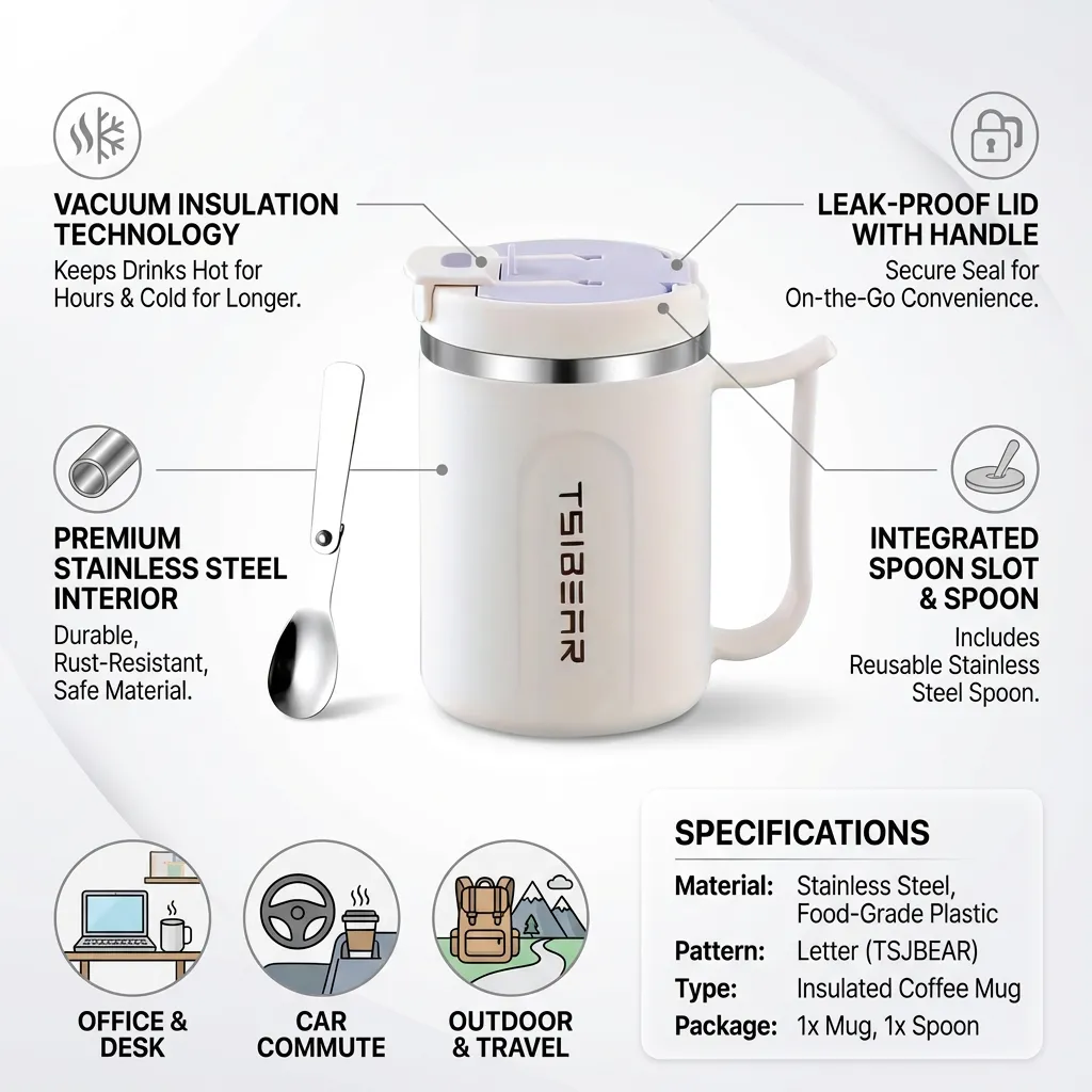 Coffee Mug with Lid Insulated Stainless Steel Travel Mug with Spoon