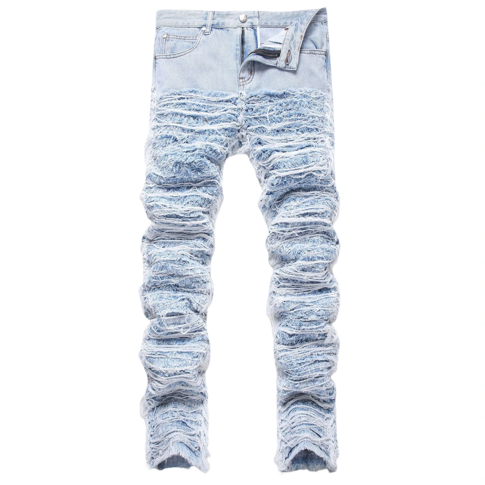 Men Loose Stacked Tassel Distressed Destroyed Straight Ripped Jeans 