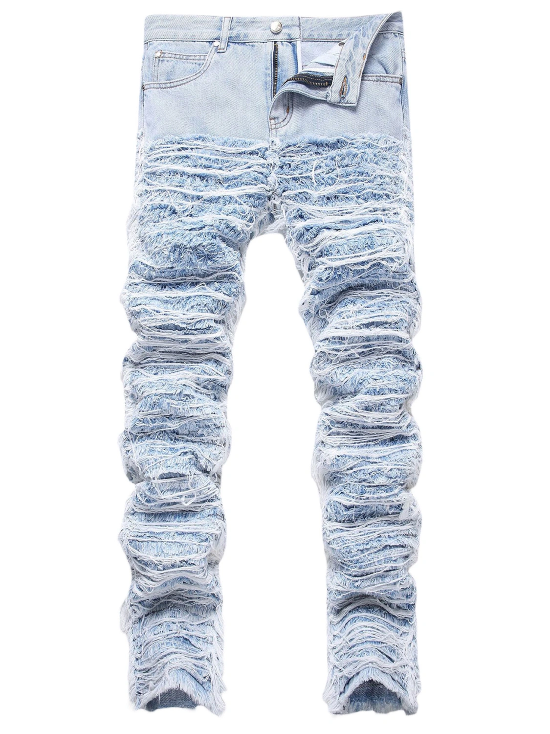 Men Loose Stacked Tassel Distressed Destroyed Straight Ripped Jeans 