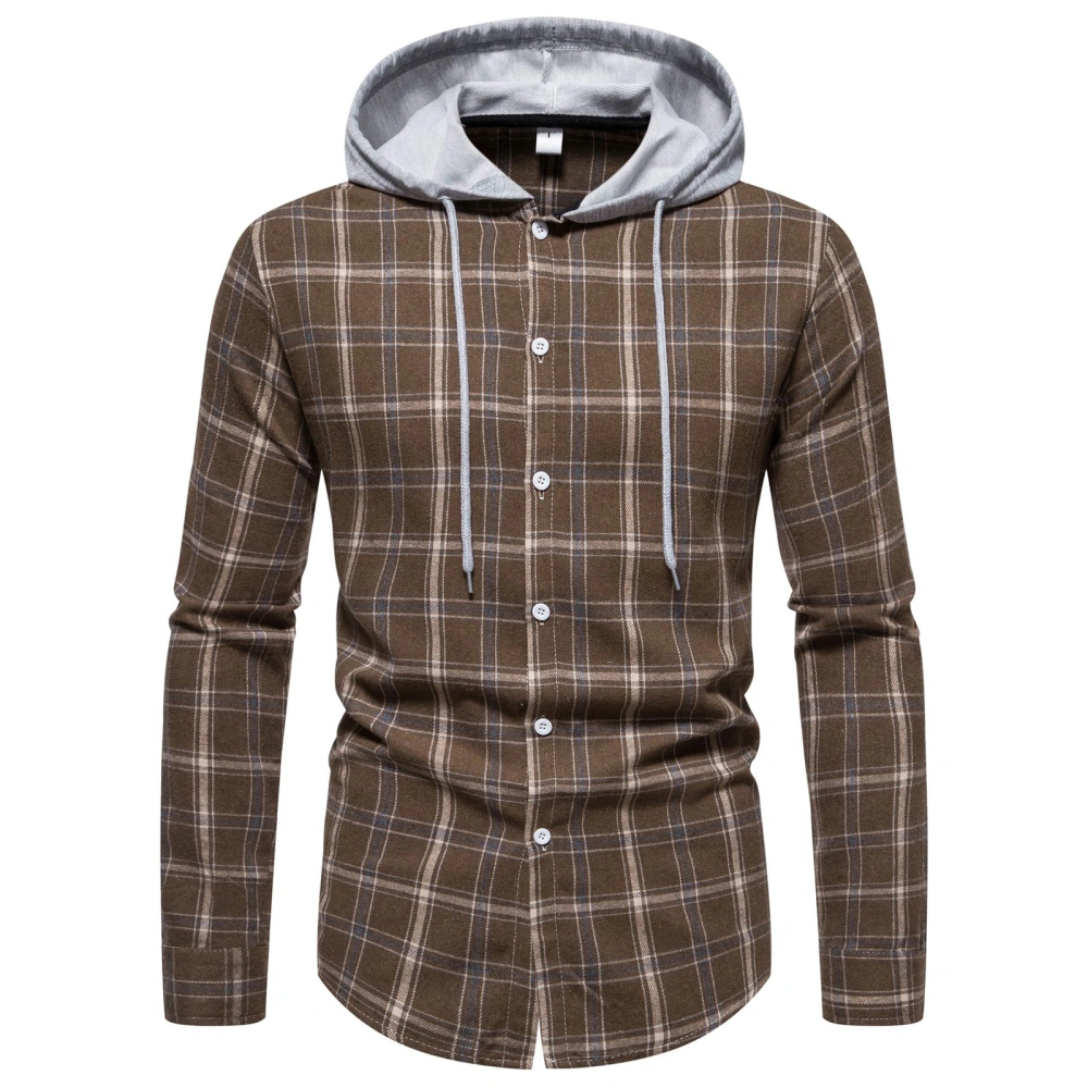 Men's Button Down Plaid Drawstring Hooded Long Sleeve Shirt Jacket