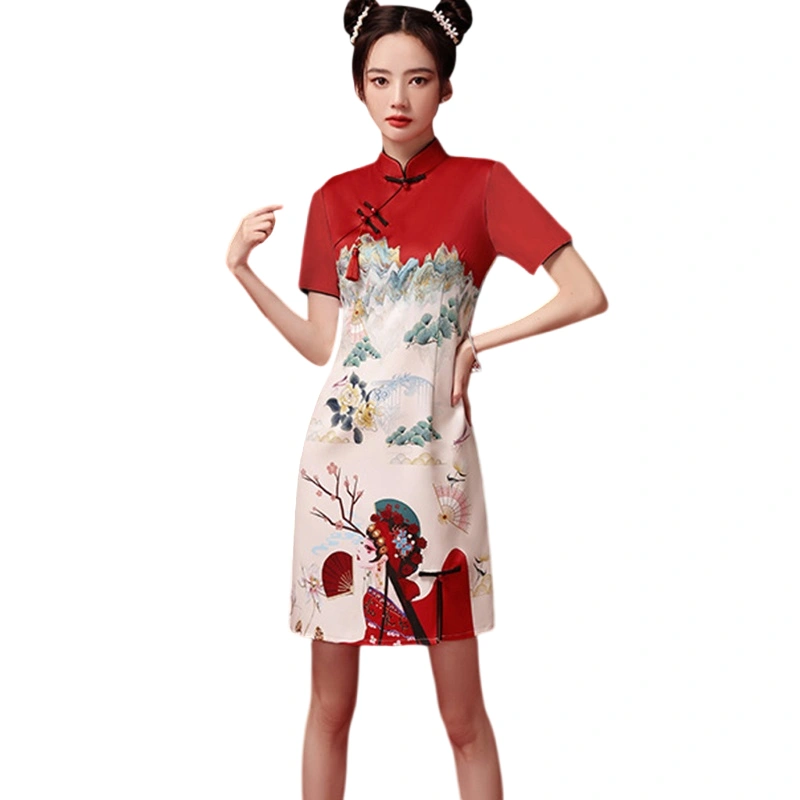 Women's Chinese Traditional Dress Vintage Print Short Sleeve Cheongsam