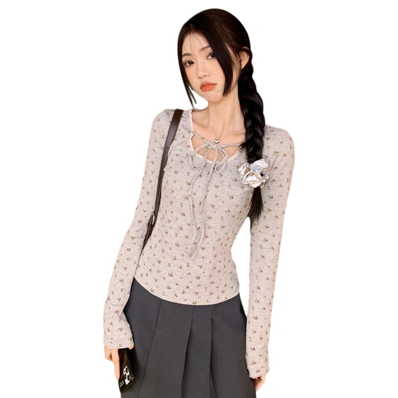 Women's Slim U Neck Flower Print Front Tie Up Long Sleeve Tops 