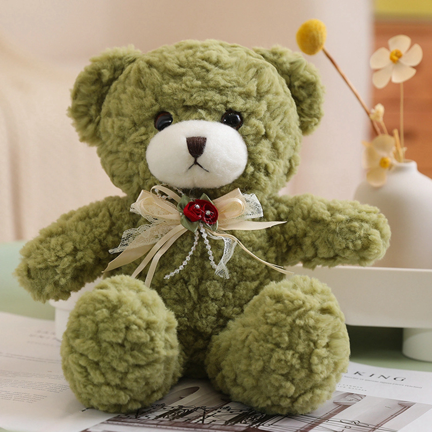 Plush Bear, Cute Soft Stuffed Doll Bow Flower Toy Birthday Gift