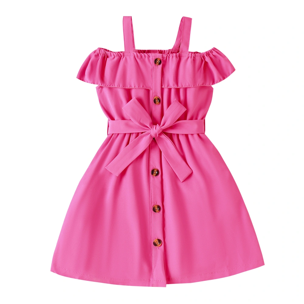 Kids Girls Dress Solid Color Ruffles Straps Boat Neck Dress with Belt