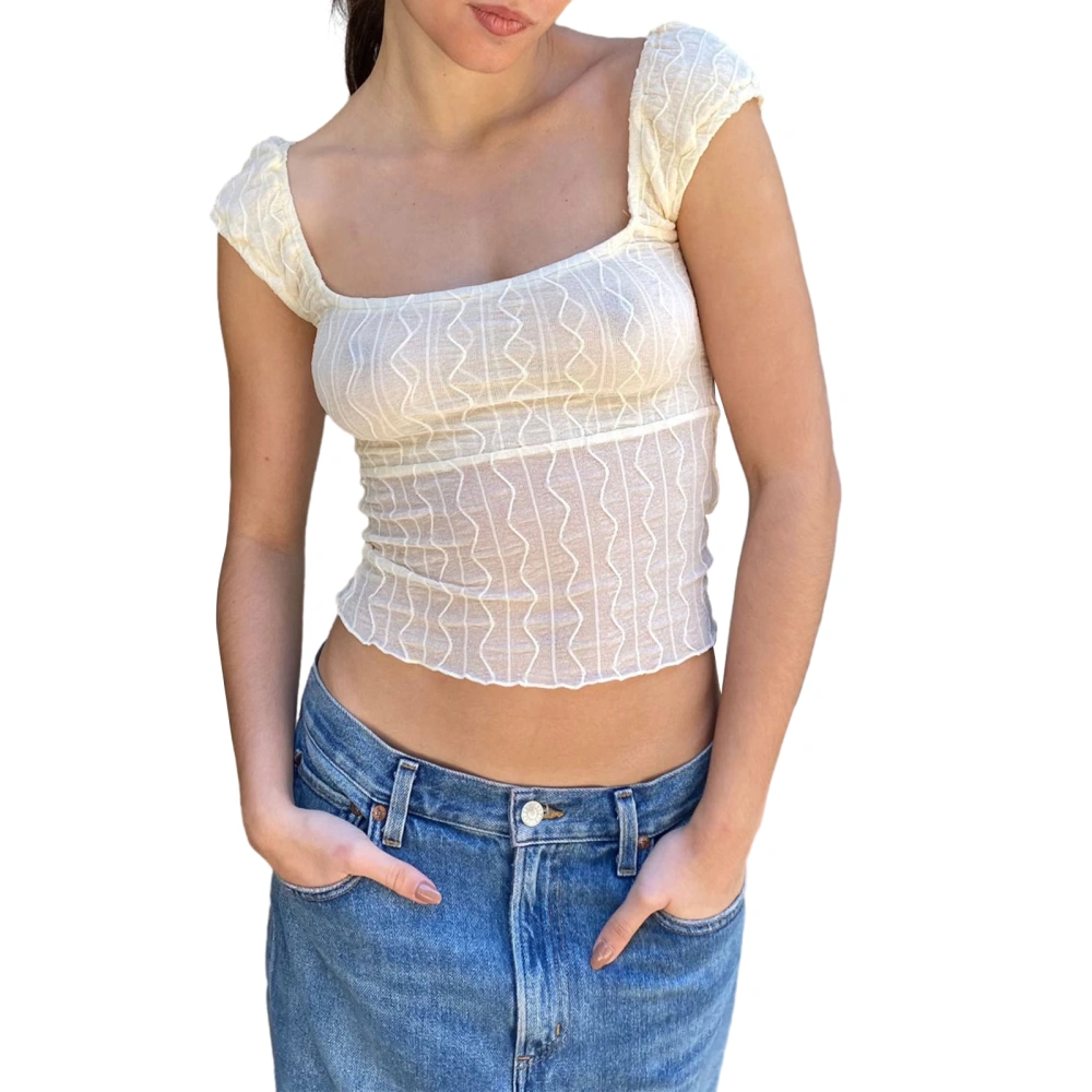 Women Cap Sleeve Crop Tops Textured Sheer Mesh Casual T-Shirts