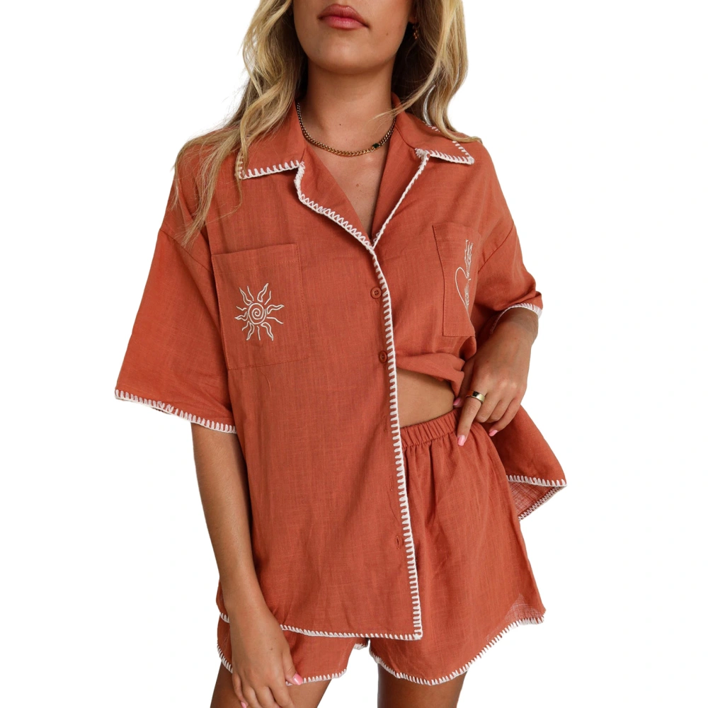 Women Shorts Set, Summer Short Sleeve Embroidery Shirt with Shorts