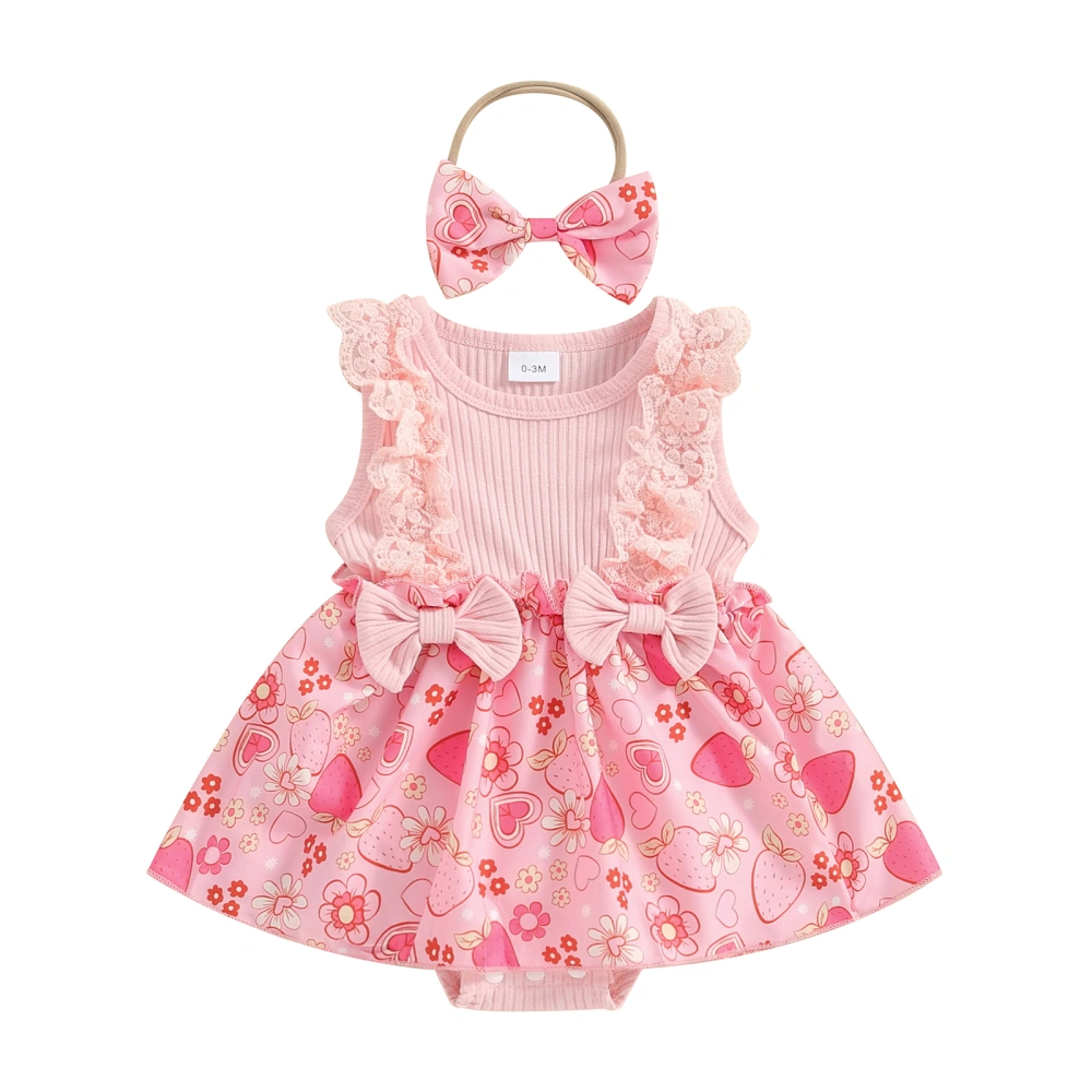 Baby Girl Outfit, Sleeveless Flower Strawberry Romper Dress Hairband