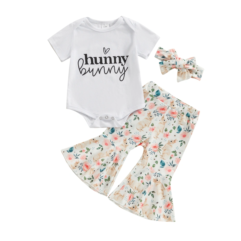 Baby Girl 3 Piece Set, Short Sleeve Romper + Flare Pants + Headband 