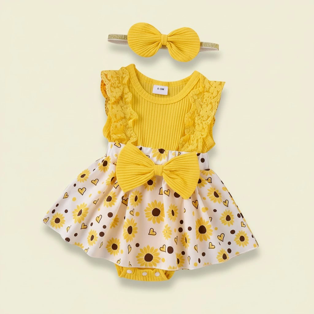 Baby Girl 2 Piece Outfits Fruit Print Romper Dress and Headband 