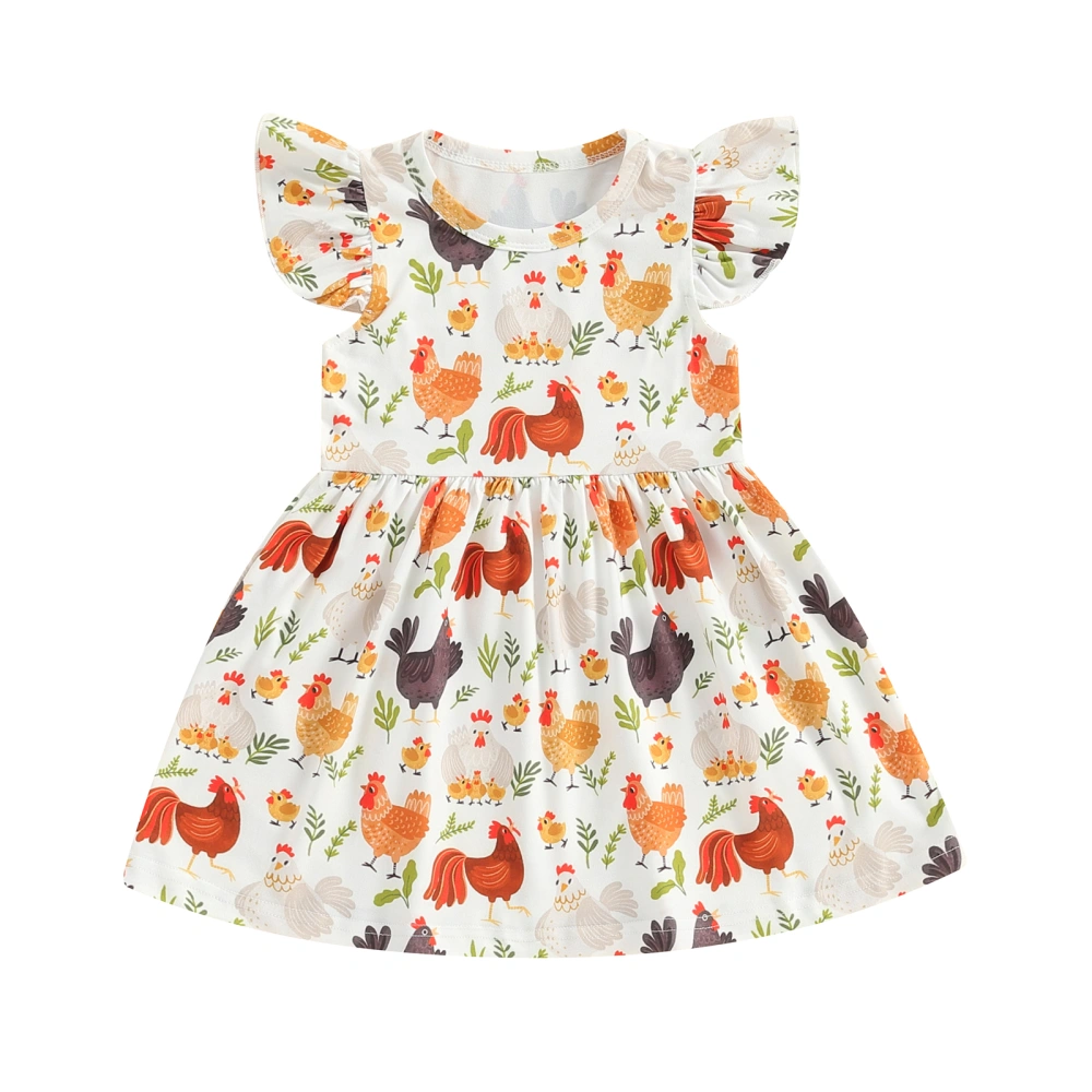 Toddler Girls Dress Farm Rooster Hen Print Fly Sleeve Baby Dress