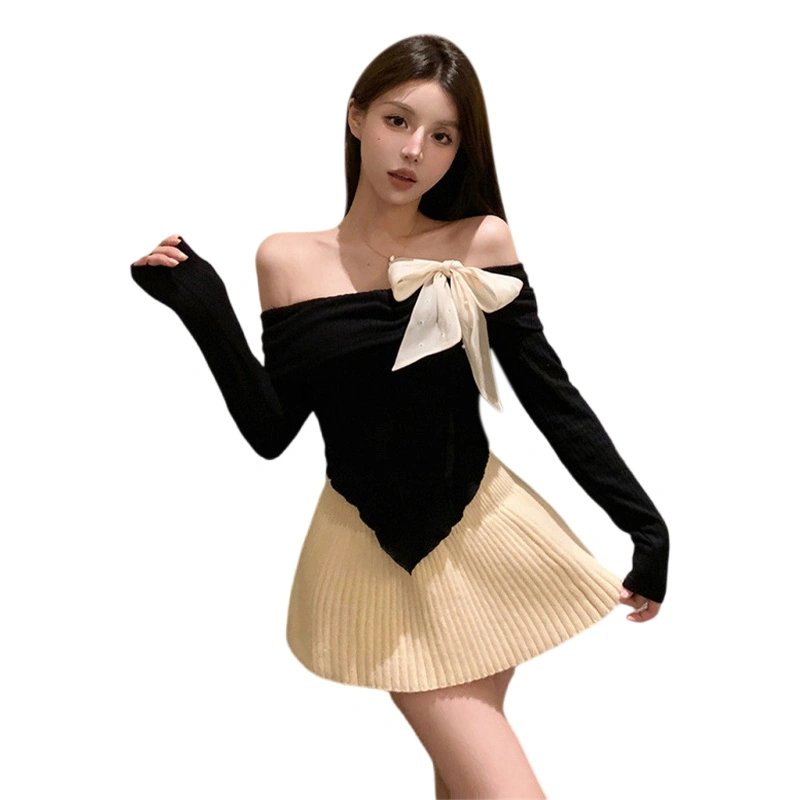 Women’s Off Shoulder Tops Long Sleeve Pearl Bow Front Slim Fit Tops