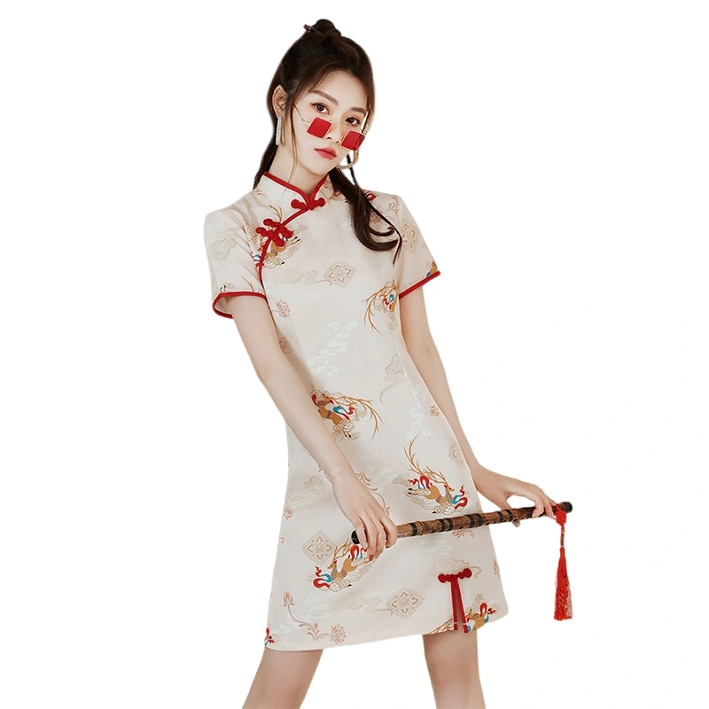 Women Cheongsam Dress, Short Sleeve Deer Print Slit Summer Dress