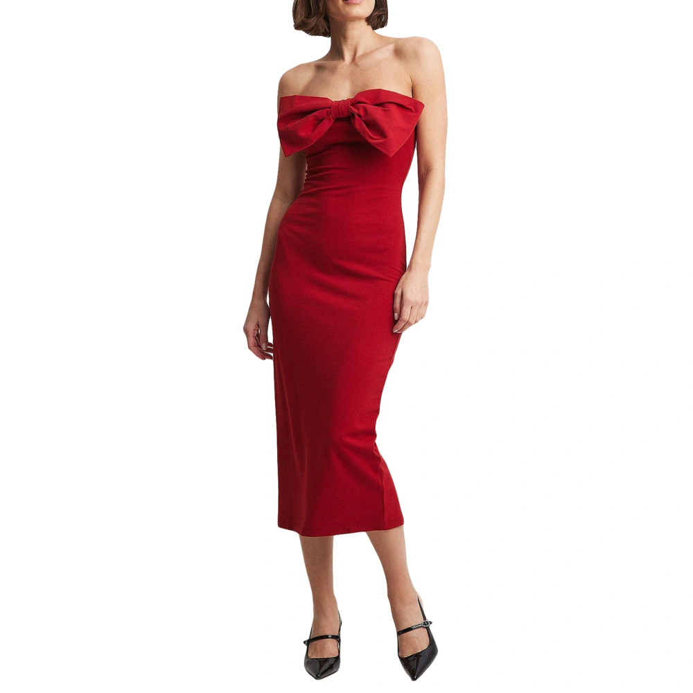 Women's Bodycon Midi Dress Strapless Bow Front Tube Dress Party Dress