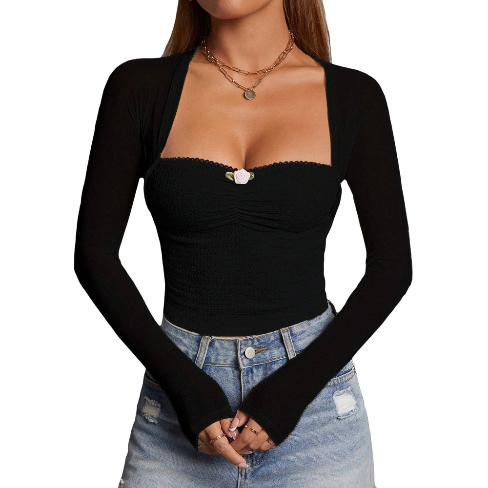 Women Fitted Crop Tops Cutout Mesh Long Sleeve Shirt Casual Pullover