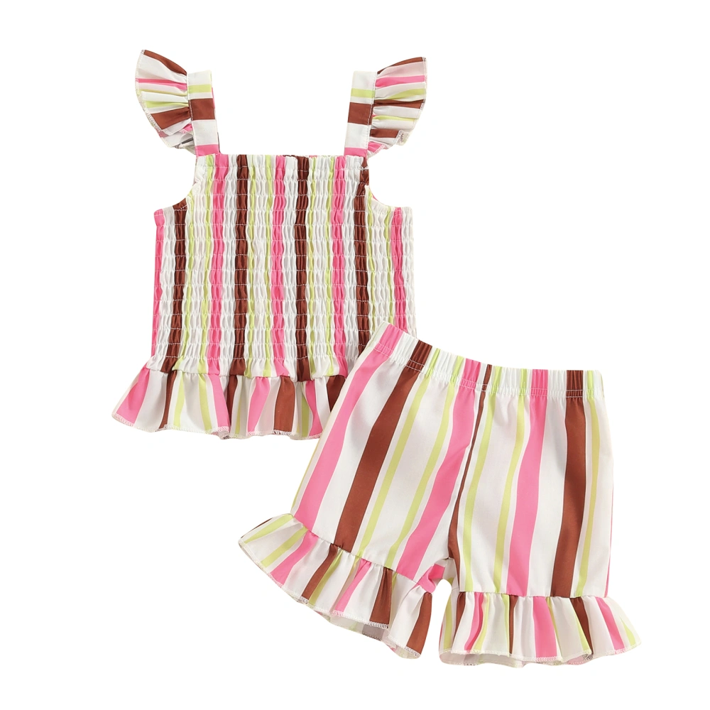 Girls Summer 2 Piece Set, Striped Cami Tops + Frill Trim Shorts 