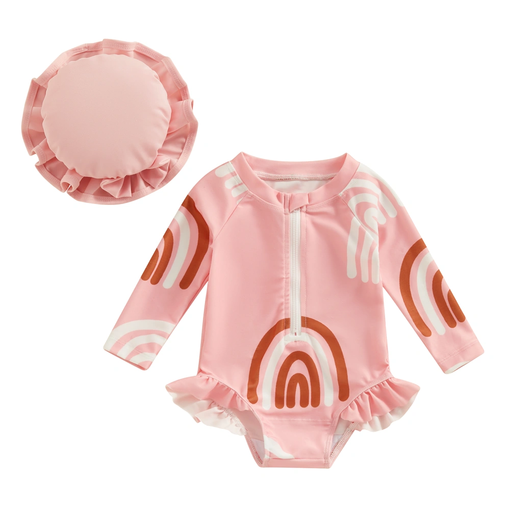 Baby Girls Bathing Suit Set, Long Sleeve Zipper Swimsuit + Swim Cap