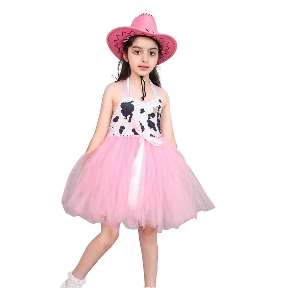 Kids Princess Cowgirl Costumes Cow Pattern Tulle Tutu Dress Hat