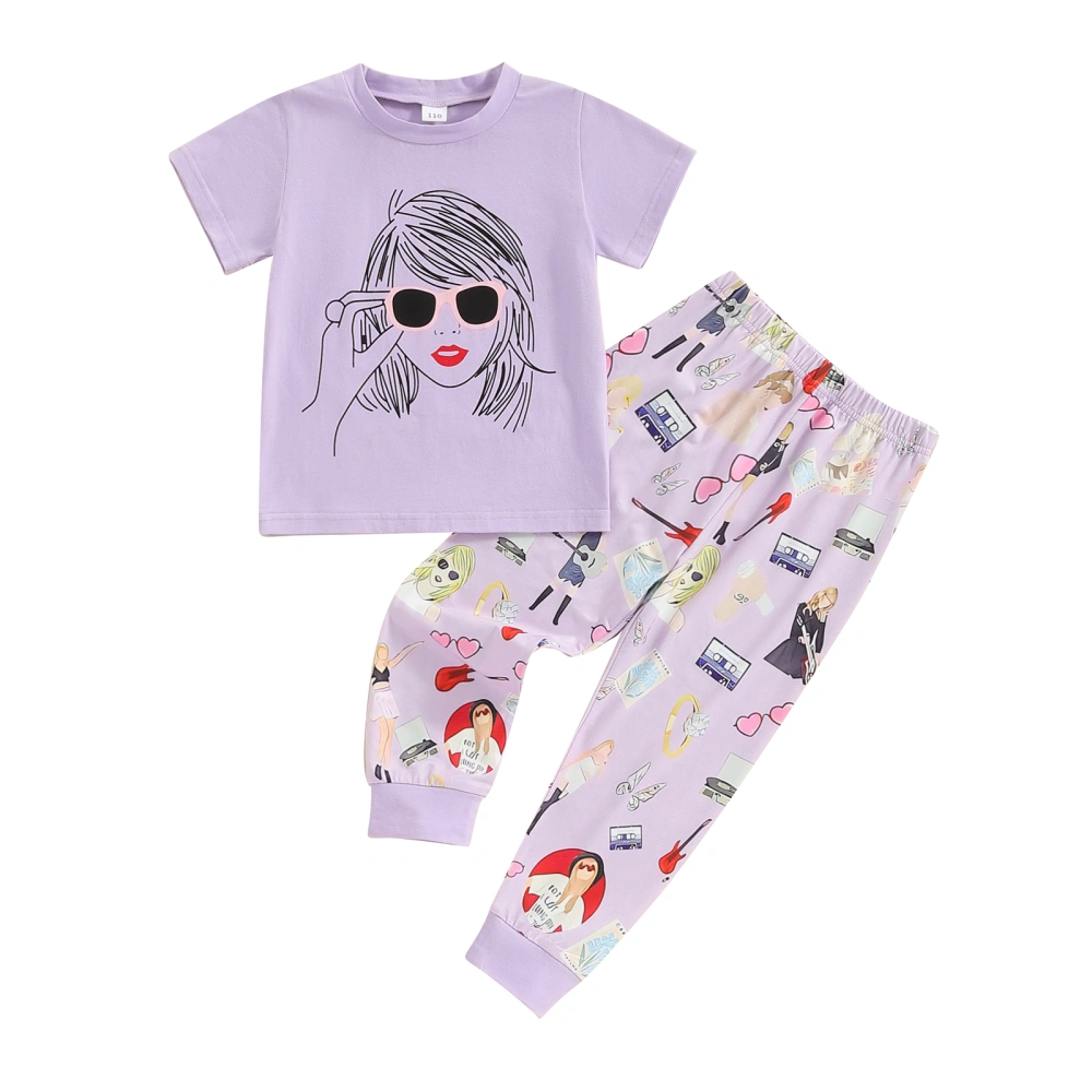 Kids Girls Summer Outfits Cartoon Person Print T-Shirts Long Pants