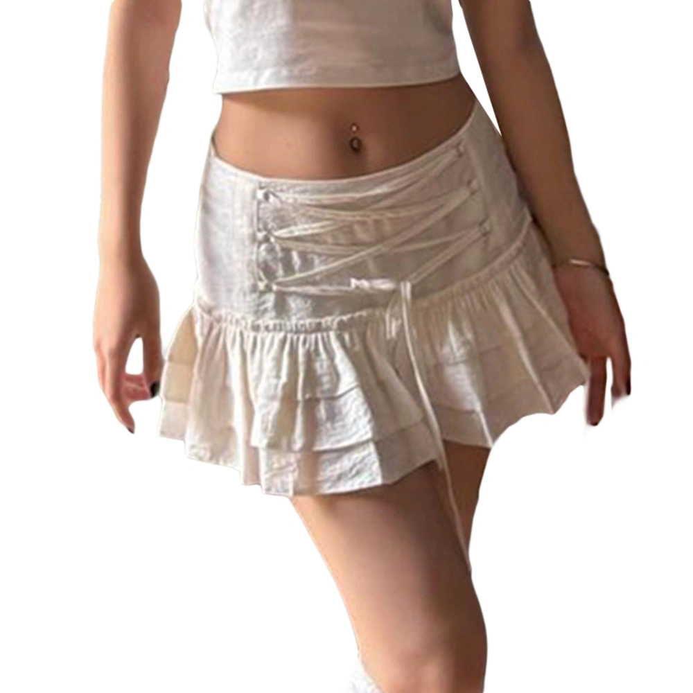 Women's Fashion Mini Skirts Low Rise Solid Color Tie-Up Ruffles Skirts