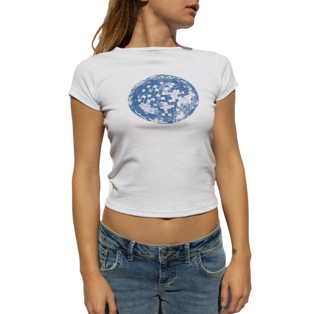 Women Short Sleeve T-Shirts Disco Ball Print Round Neck Shirts