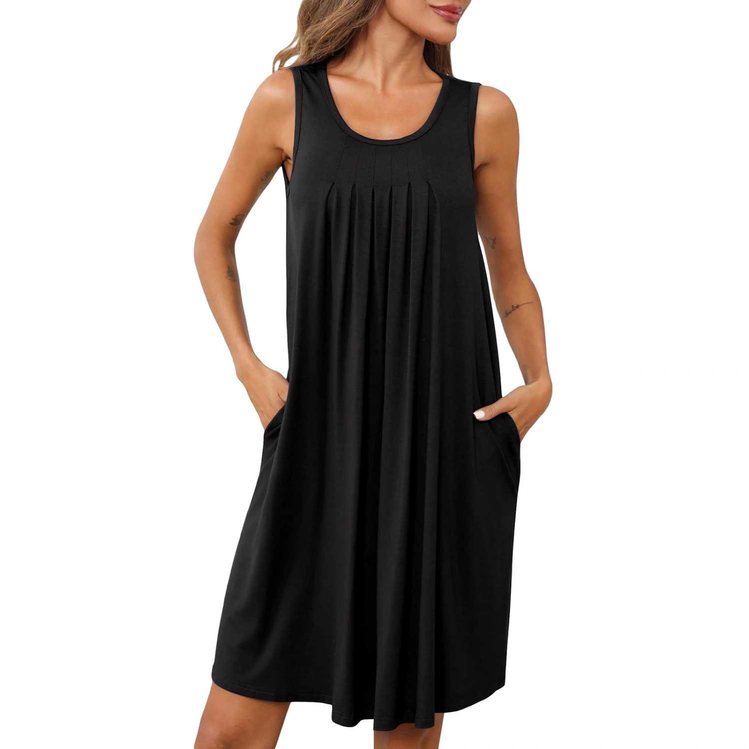 Women Nightgown with Pockets Pleated Front Round Neck Nightdress