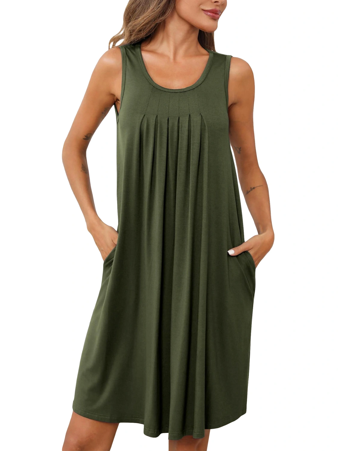 Women Nightgown with Pockets Pleated Front Round Neck Nightdress