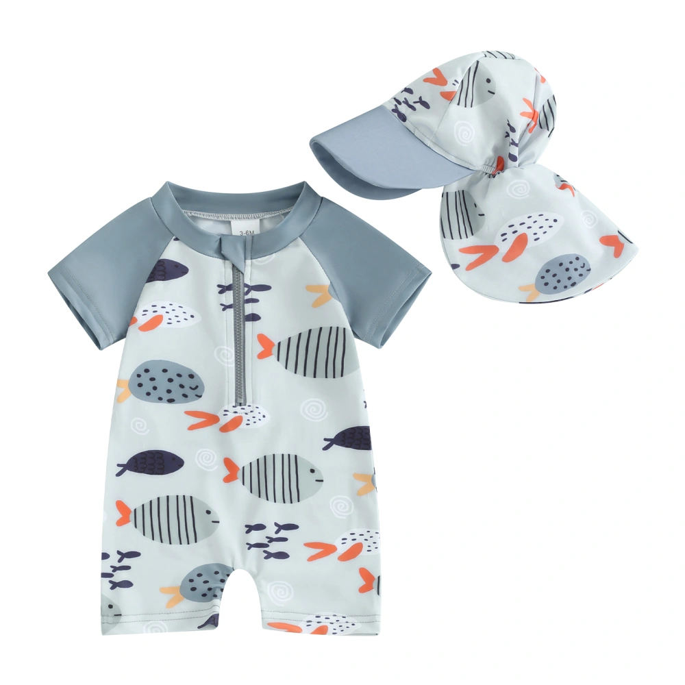 Boys Rash Guard Swimwear Cartoon Fish Print Short Sleeve Swimsuits Hat