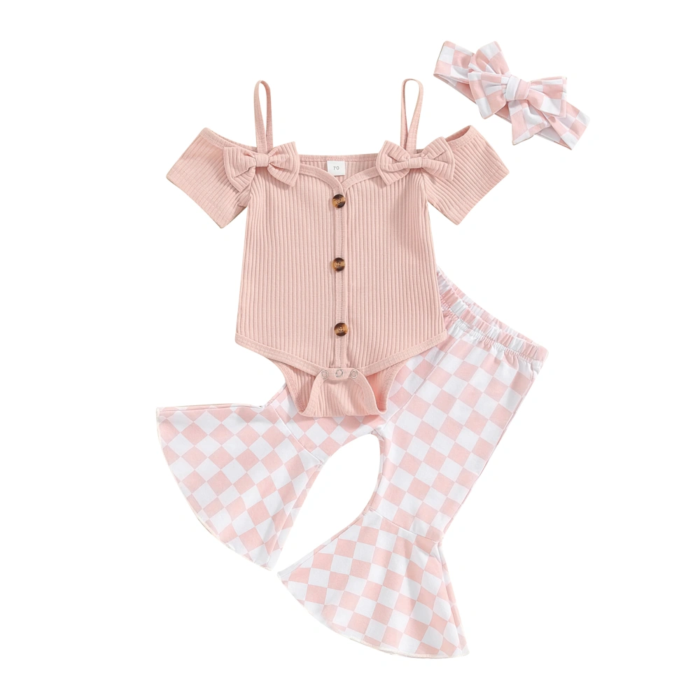 Baby Girl Short Sleeve Romper + Flare Pants + Headband 3 Piece Set