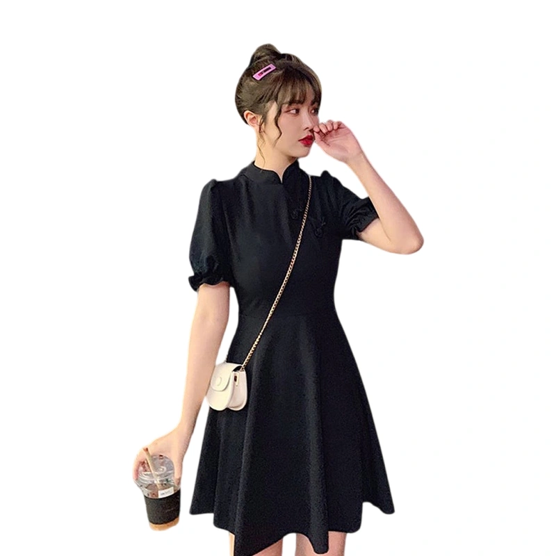 Women's Flowy Dress Short Puff Sleeve Stand Collar Cheongsam Dress