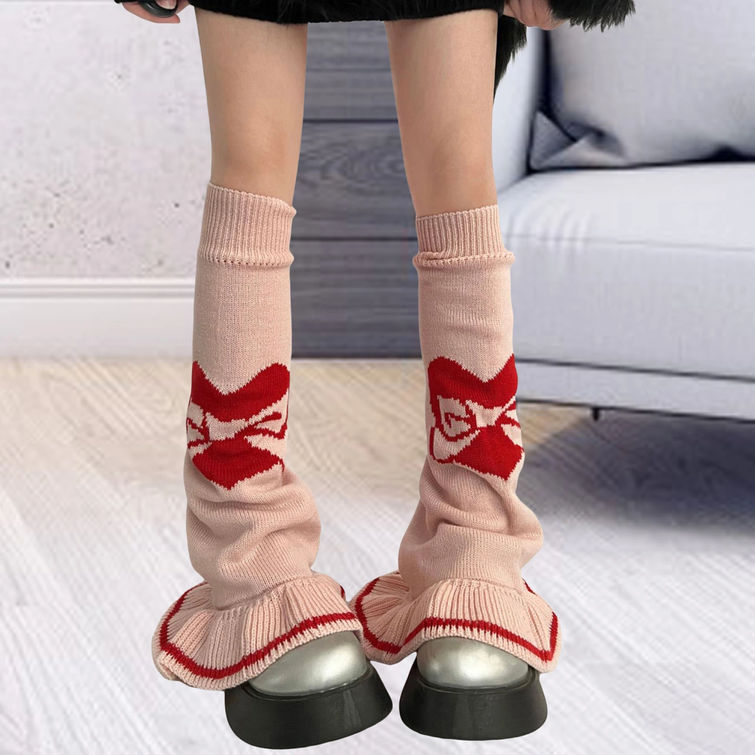 Women Knit Leg Warmers, Heart Bow Knee-high Leg Warmers Socks