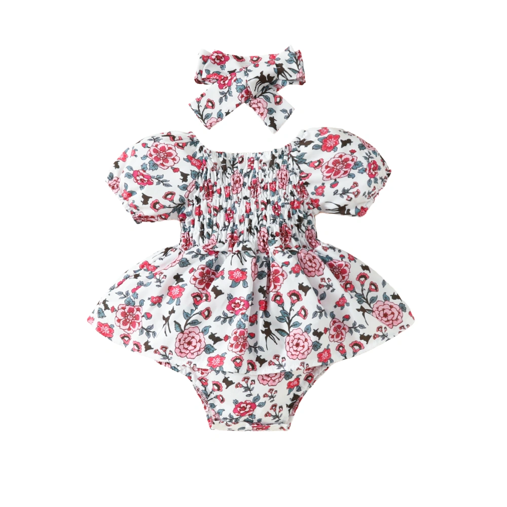 Baby Girl Summer Outfits Short Puff Sleeve Floral Romper with Headband